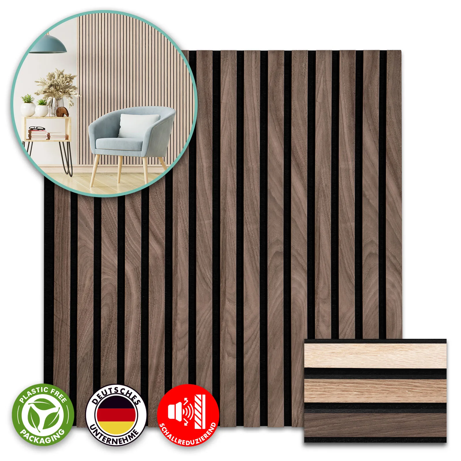 FLOORDIREKT Akustikpaneele – Holzoptik - Hochwertige Wandpaneele aus Echtholzfurnier mit Lamellenstruktur – Black Walnut