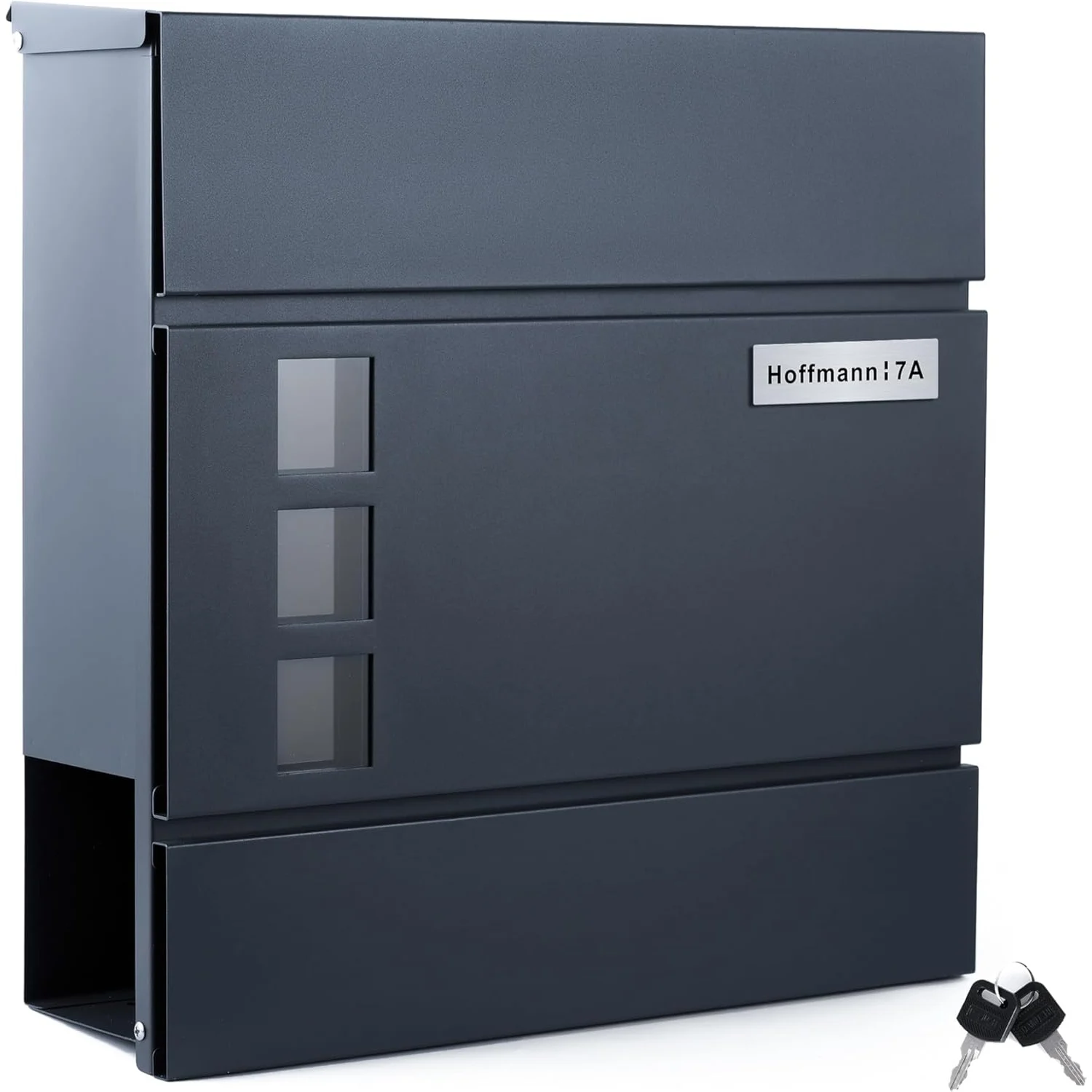 Wandbriefkasten Anthrazit mit Zeitungsfach, Metall Briefkasten mit Schloss, Sichtfenster, 2 Schlüssel, Wetterfest, Hausbriefkasten für Außenbereich