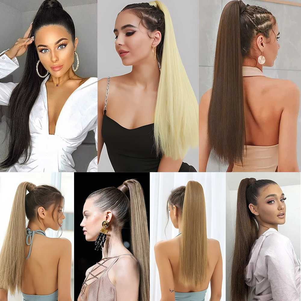 Leeons 33inch  85Cm Ponytail Extension Wrap Around Long Straight Clip in Pony Tail Hair Synthetic Hairpiece for Women Daily 1Pc