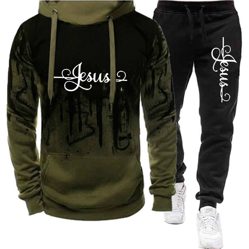 Mens Fashion Jesus Printed Winter Tracksuit Sweatshirts+Sweatpants Casual Sport Suits Man Hoodies Trousers Outfit Athleti Sets
