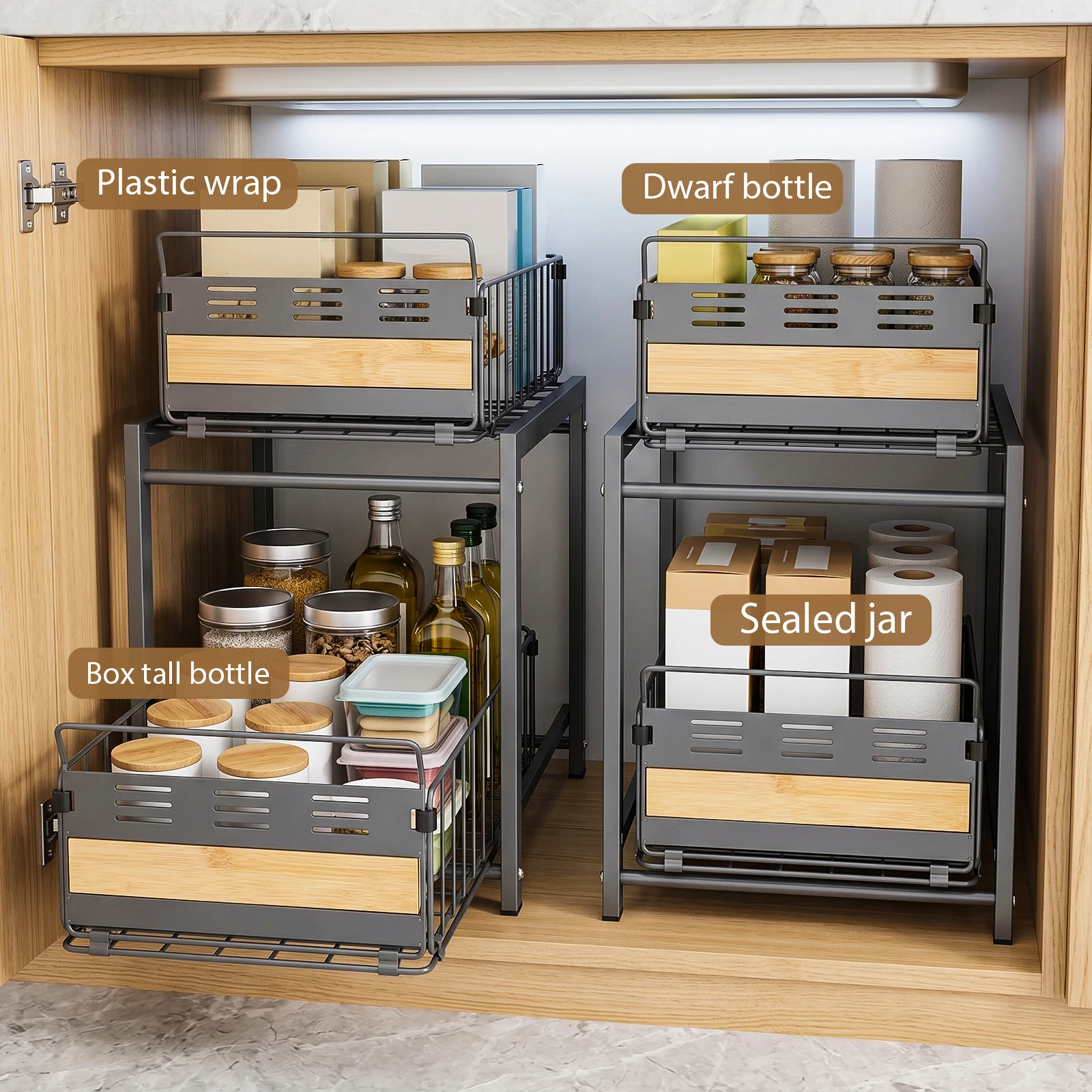 Étagère de rangement sous évier à 2 niveaux, organisateur de cuisine coulissant silencieux pour salle de bain, salon, armoire, comptoir