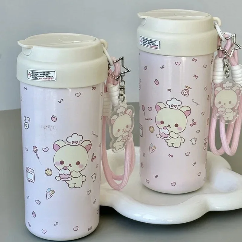 Rilakkuma Cartoon Print Thermos Cup, Glaçons, Gobelet à eau, Grande capacité, Lanière portable, Cadeau d'anniversaire pour filles, Kawaii, 550ml
