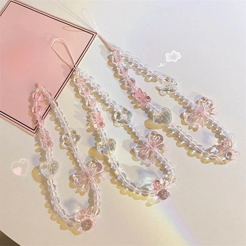 Koreaanse schattige Y2K roze strik beer hart kralen telefoon ketting charme Lanyard voor iPhone hangend touw meisje sieraden decoratie ﻿ - afbeelding 2