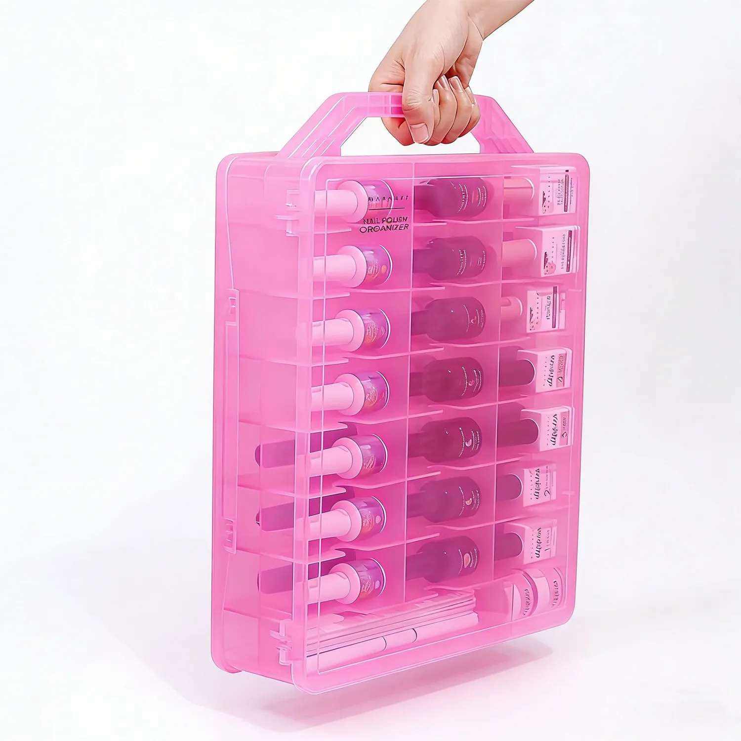 

Органайзер для лака для ногтей, розовый акриловый портативный футляр для хранения 48 бутылок, с 8 регулируемыми разделителями, компактный