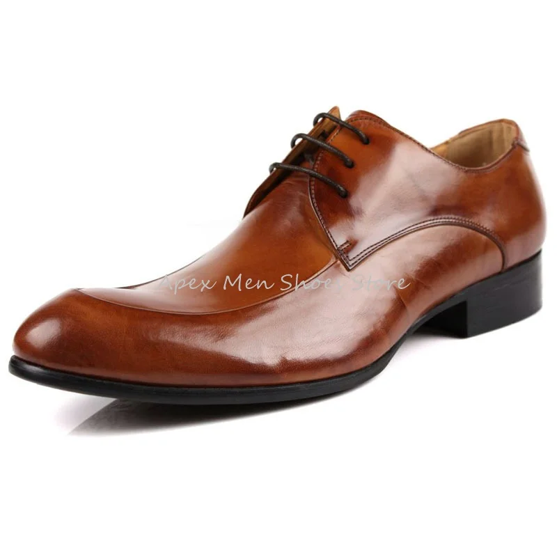 

British Style Genuine Leather Business Men's Shoes Pointed Toe Lace Up Trendy Cowhide Formal Wedding Shoes 2024 Spring