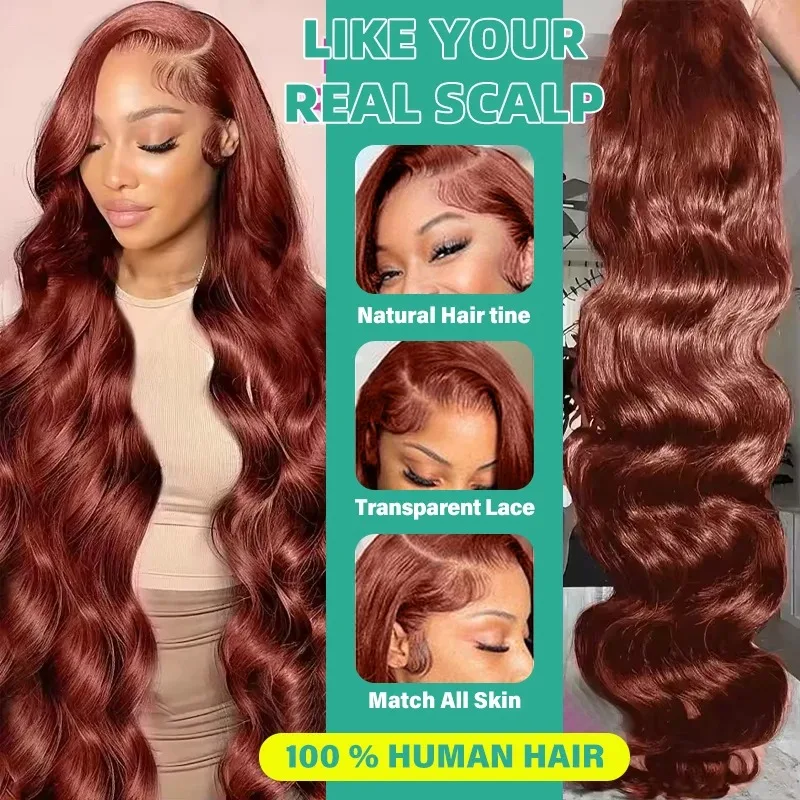 Coklat Kemerahan 13X6 HD Renda Depan Wig Rambut Manusia Pra Dipetik Kepadatan 200 Gelombang Tubuh Auburn Berwarna Merah Manusia Renda Frontal Wig