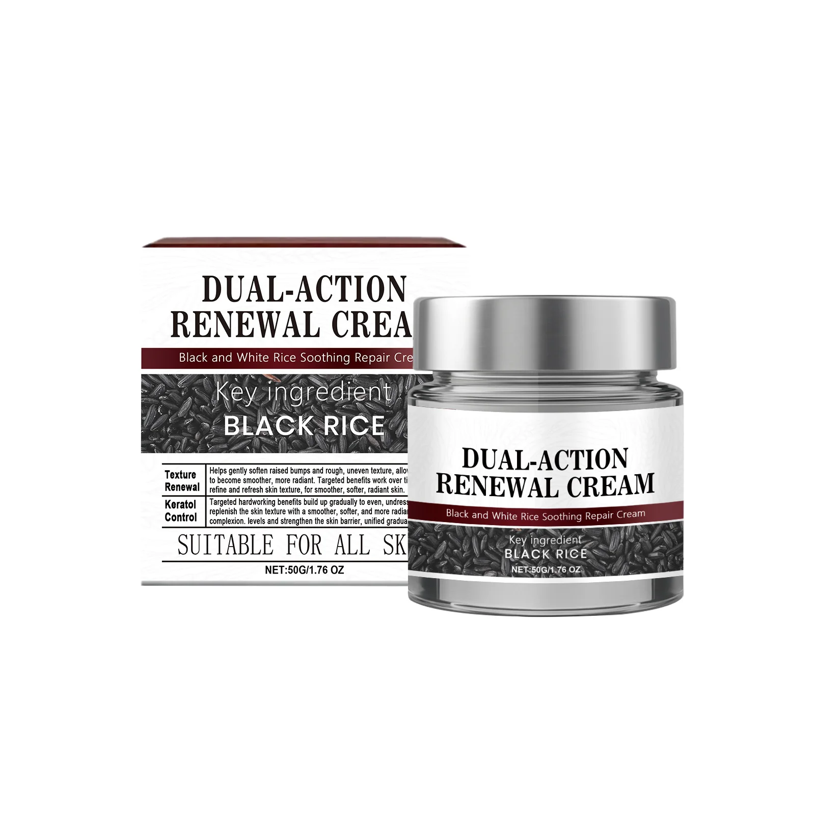 Dual-Action Renewal Face Cream Black White Rice Smooth Skin Blemish Remover Deep Hydration Soothing Repair Cream Moisturizer 50g