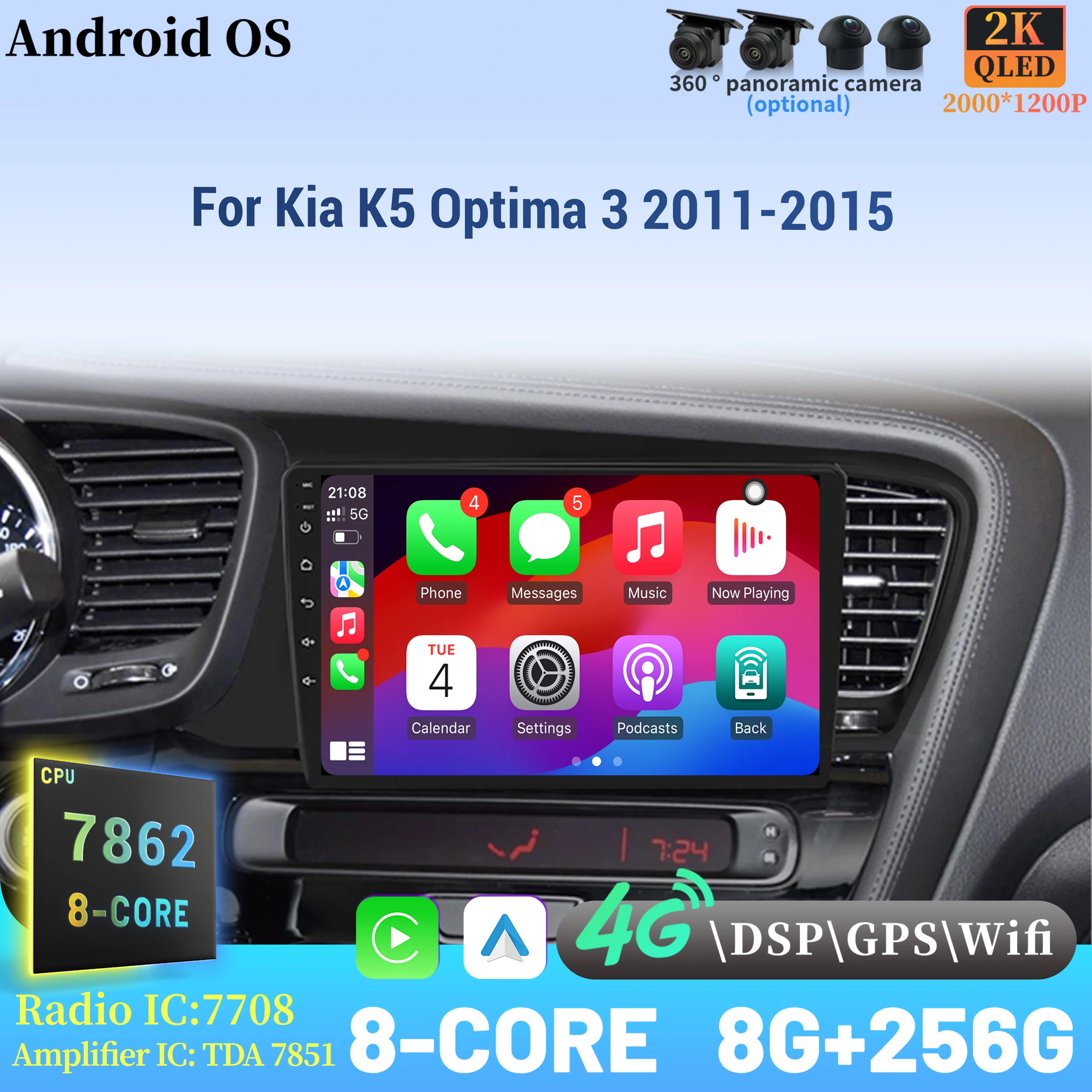 

Wireless BT CarPlay Android 14 Radio Car Multimedia Player 7862 8+256 radio Touch 2K Screen For Kia K5 Optima 3 2011-2015