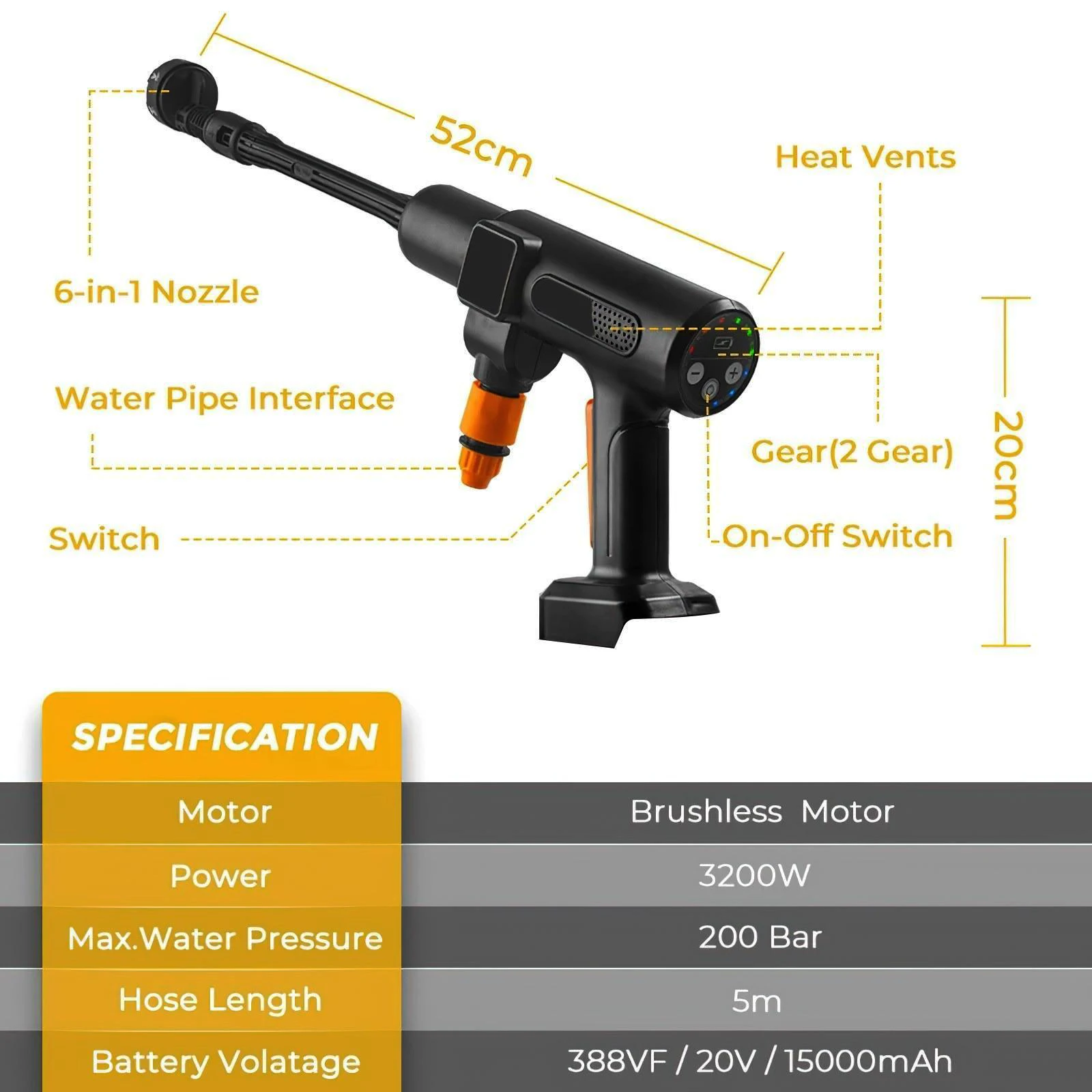 ارتفاع ضغط آلة غسل سيارات 6 في 1 سيارة كهربائية غسل حديقة مدفع المياه مع بطارية ليثيوم 20 فولت بندقية رذاذ 200Bar فرش