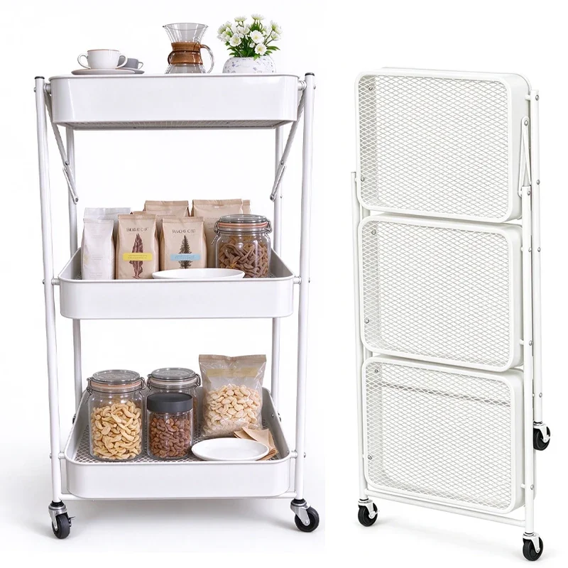Foldable 3 Tier Rolling Cart, White/Black Metal Mesh Storage Trolley with Handrail & Lockable Casters, Mobile Organizer Serving Cart for Food, Cosmetics, Sundries, Ideal for Living Room, Kitchen, Apartment & Narrow Spaces