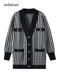 Décontracté Long avec tout rose Cardigan Femme Automne Hiver Dstressinitié Pull Manteau Bouton De Base Femme Pied De Poule Y-C-162