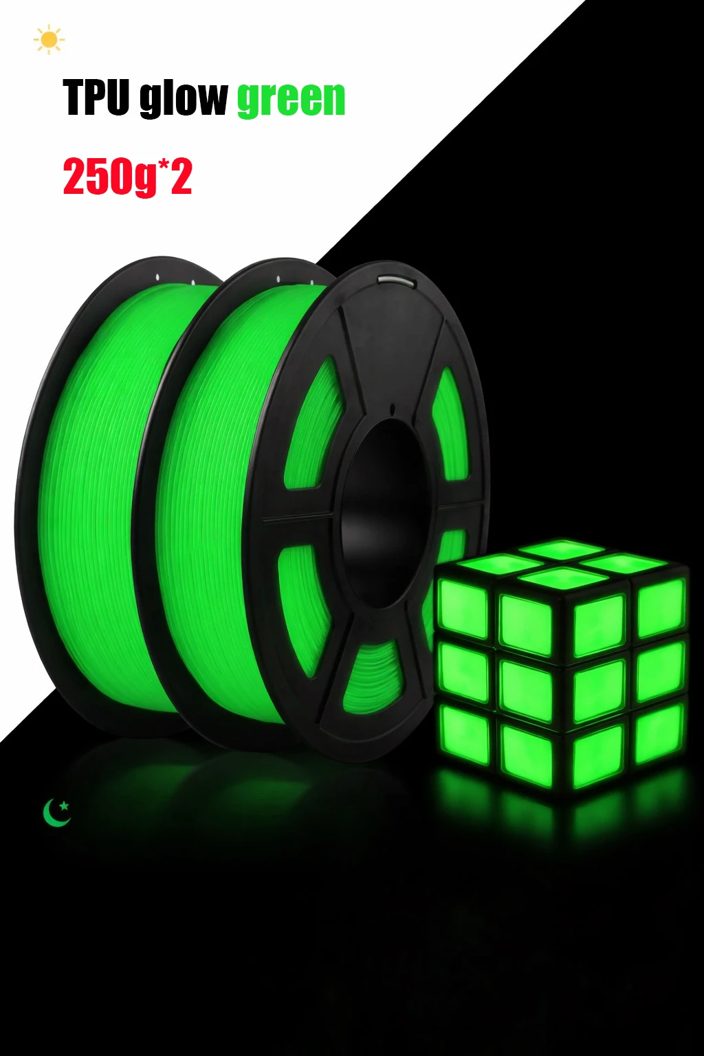 4-pack TPU 95A 3D-printerfilament, diverse kleuren, glow-in-the-dark, 1,75 mm diameter, blauw, groen, geel, paars, 250 g per stuk