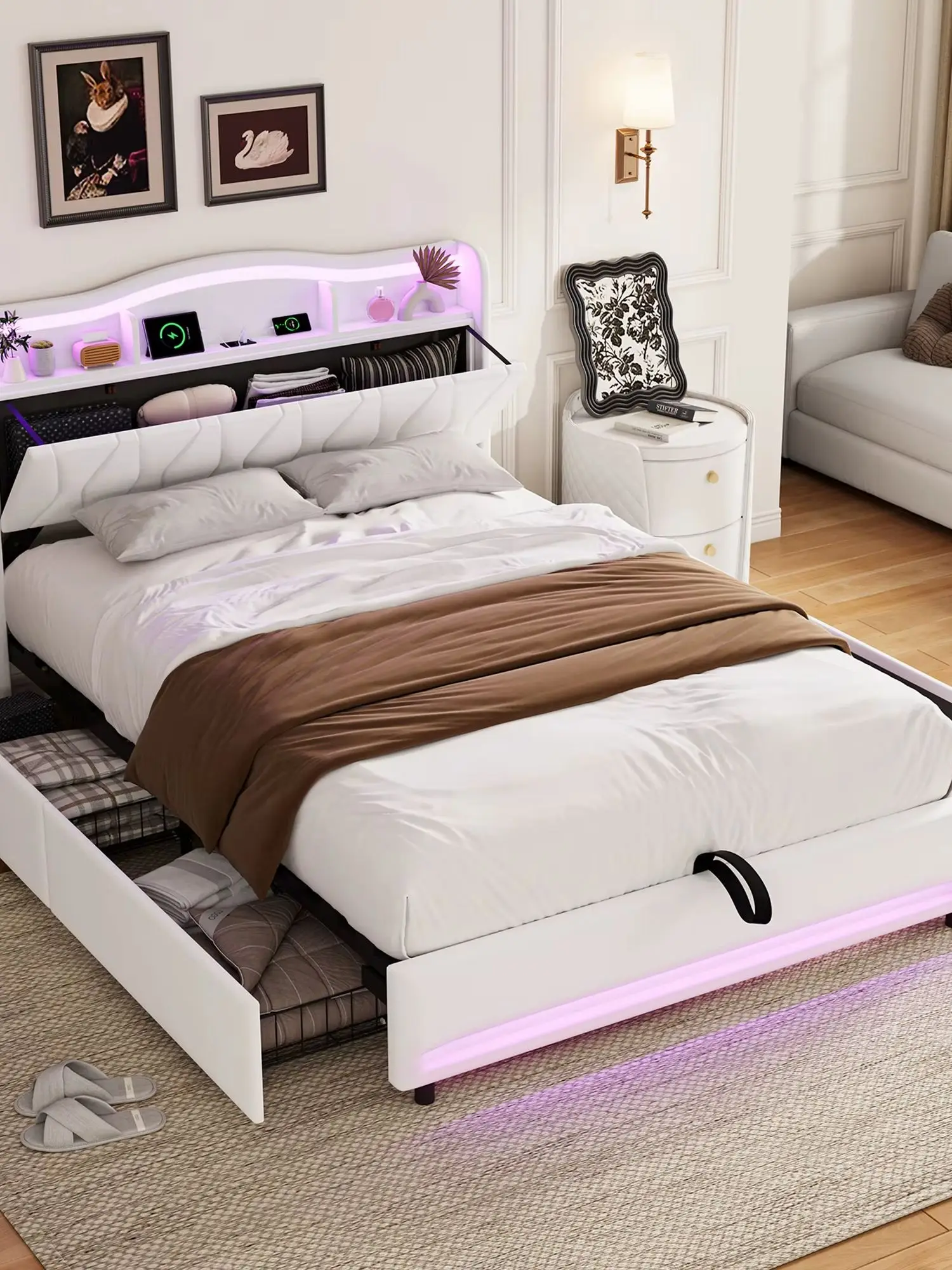 Polsterbett 140x200 cm mit Stauraum, Doppelbett mit Stauraum Kopfteil, Bett mit 4 Schubladen, Stauraumbett, Jugendbett Bettgestell mit Lattenrost, Samt, Beige, Ohne Matratze