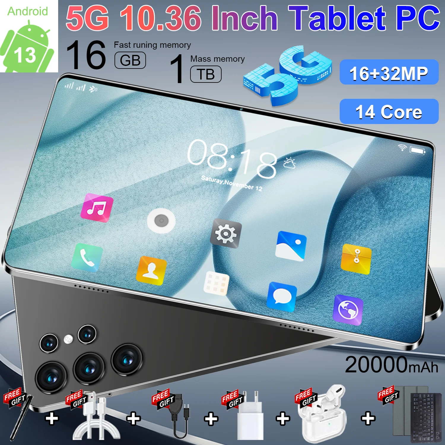 Tablet con Llamadas Telefónicas, Doble SIM, WiFi 5G, Bluetooth, WPS, 16MP+32MP, 16GB+1TB, Android 13, Versión Global 5G, Pantalla de 10.36