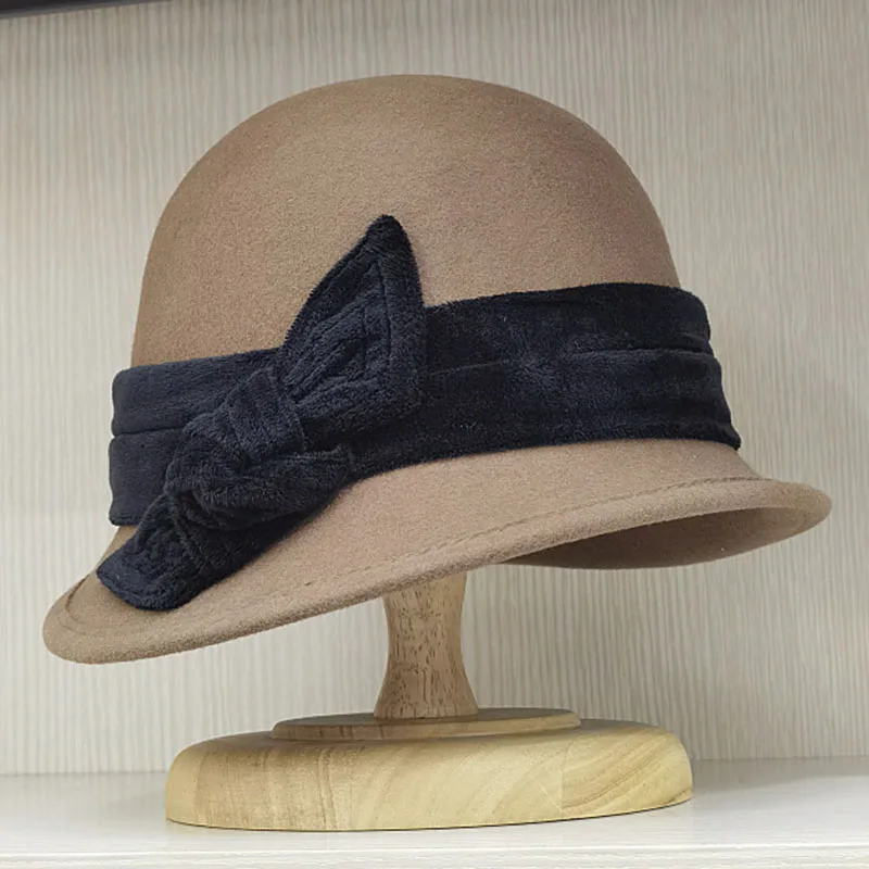 Womens Retro Style Wool Blower Hat Velvet Bow Fedora Hat  display picture 1