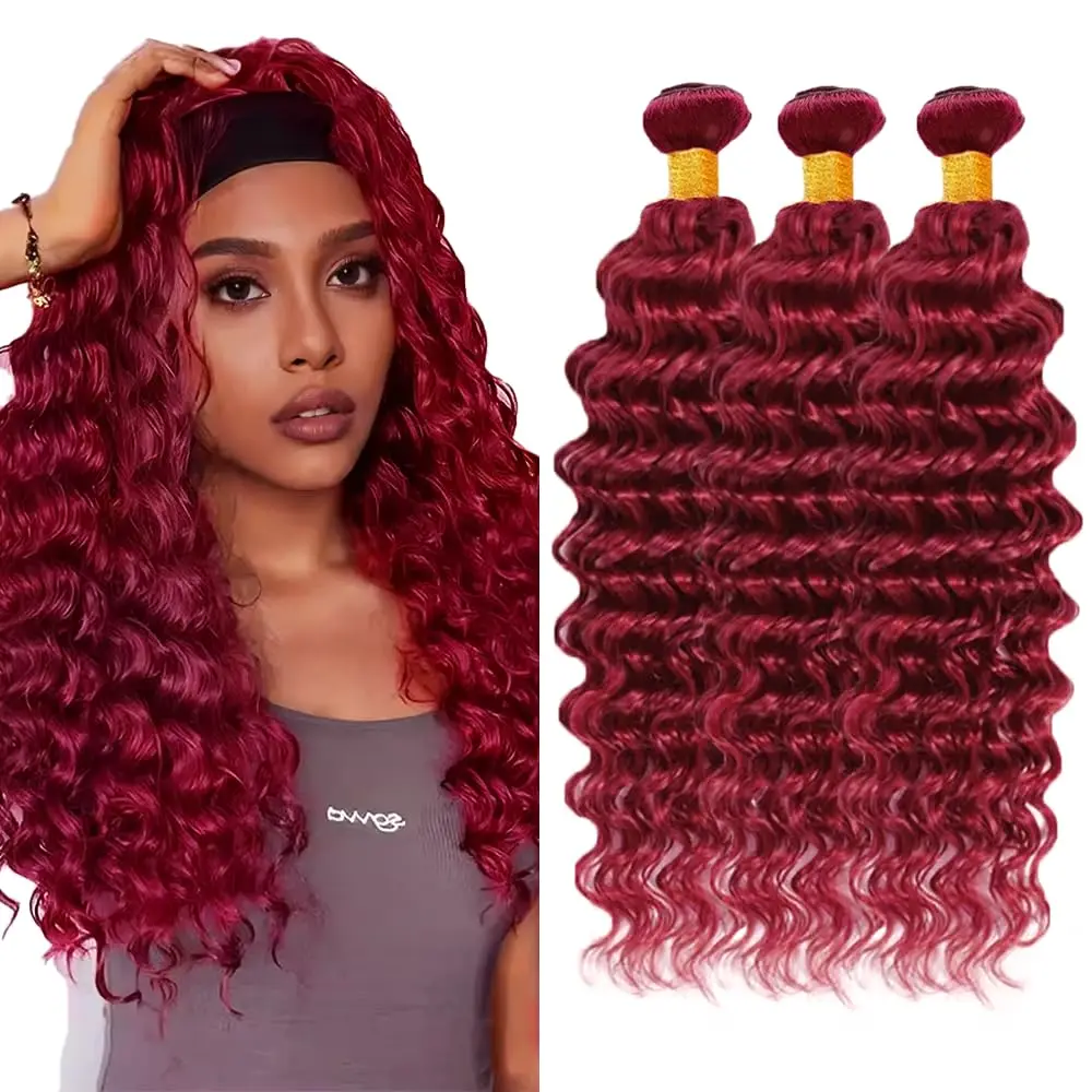 

Наборы натуральных волос 99J Burgundy Deep Wave, красные бразильские волосы, 1/3 пучка, 100 г, необработанные, для наращивания