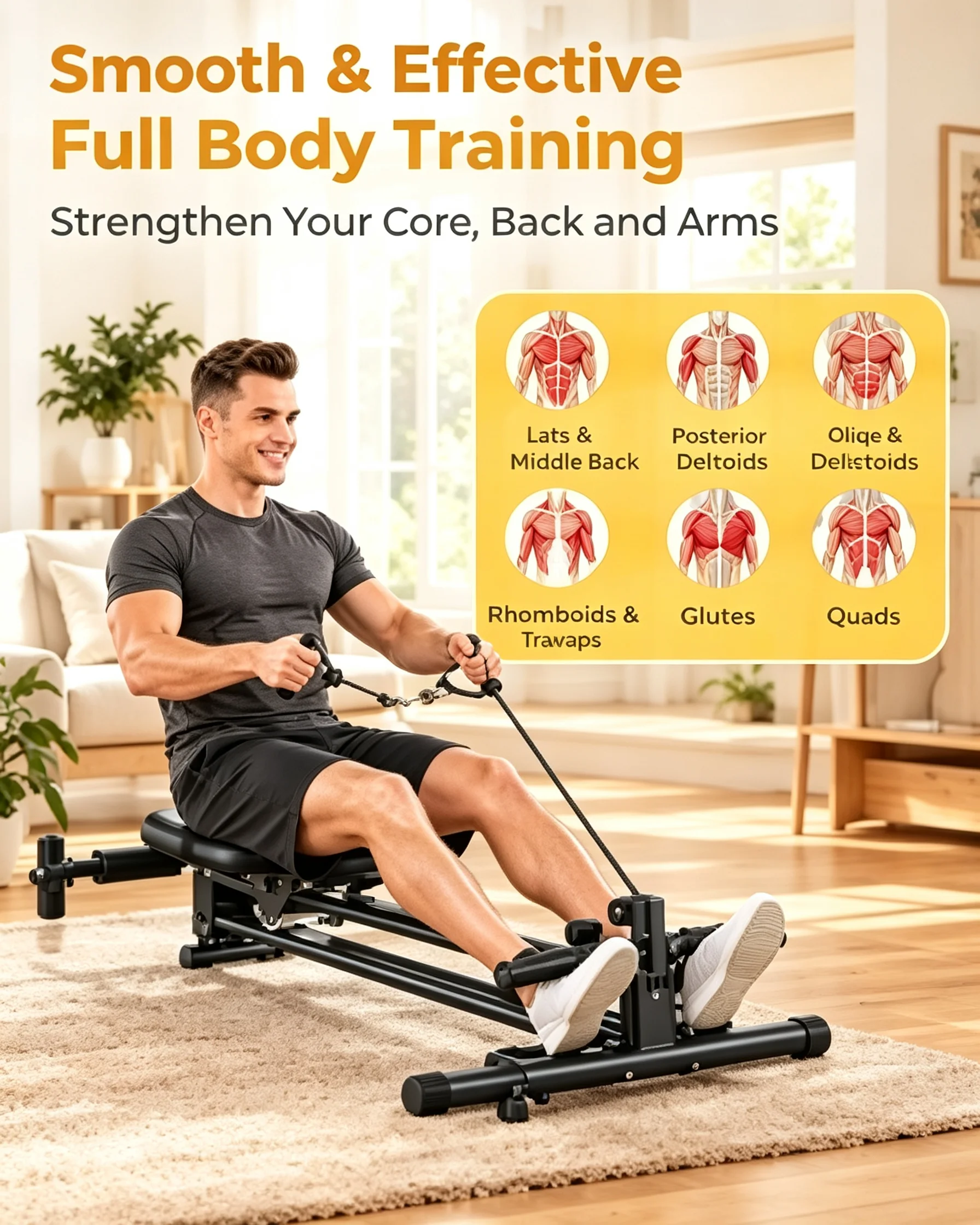 Rowing Machines for Home,Workout Equipment,Exercise Rower with Quiet Resistance,350LBS Capacity,LCD Monitor,Knee Pads, Workout Gloves&Extra Pull Rope for Full Body Exercise