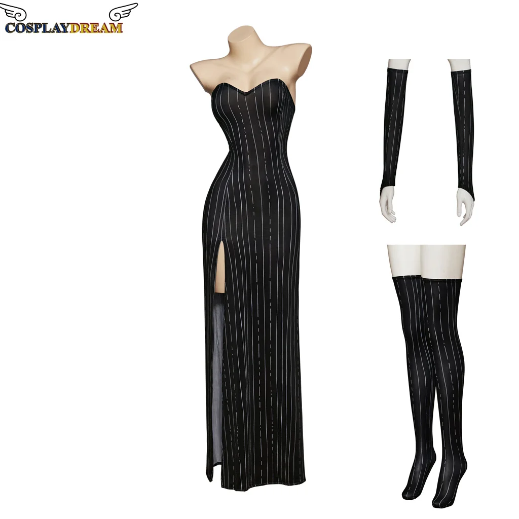 Women Nightmare Cosplay Costume Christmas Jack Cosplay Black And White Striped Dress With Hand Guard Socks For Halloween Party