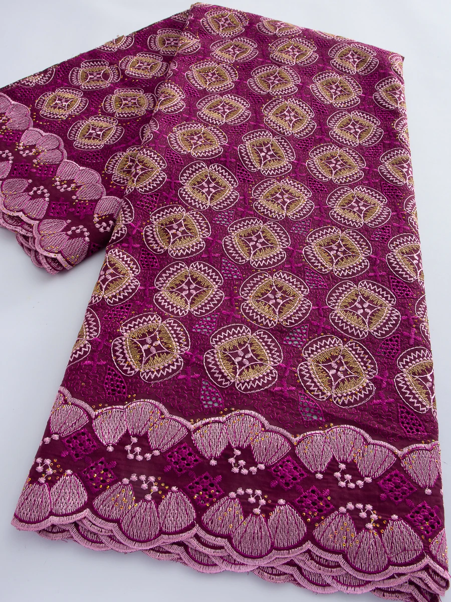 

Luxury Magenta African Swiss Voile Lace Fabric, Gold Embroidered Cotton Lace For Nigerian Wedding Evening Gown