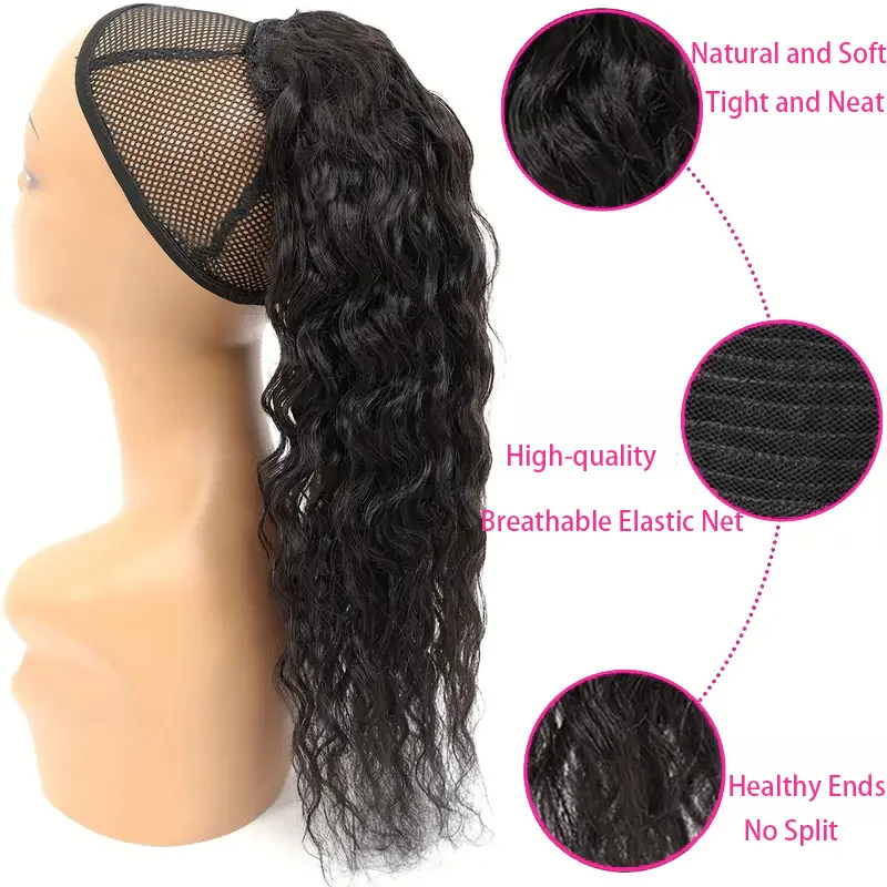 Extensions de queue de cheval bouclées Deep Water Wave avec clips, Wstring de proximité, document noir naturel, cheveux 100% humains