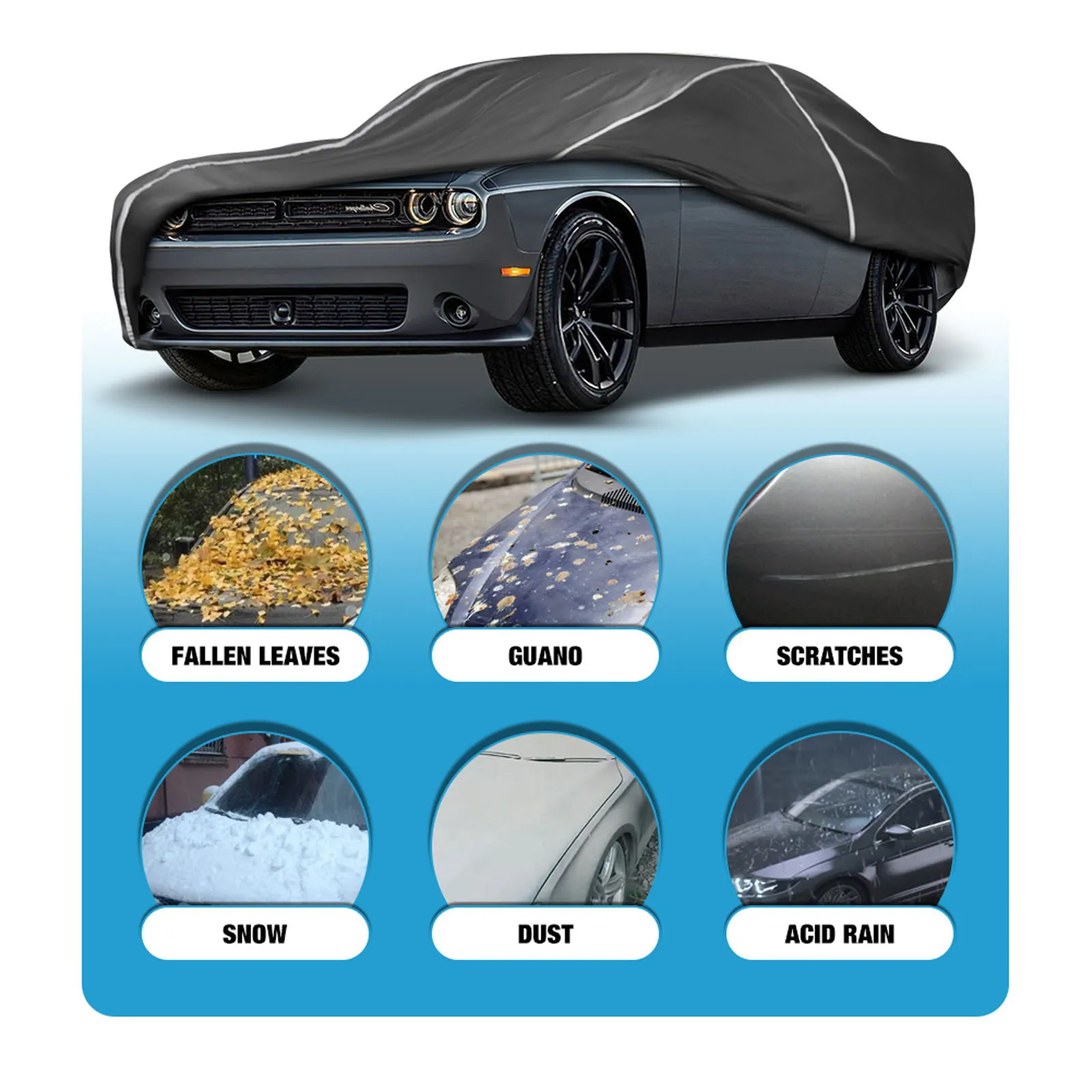 Waterproof Car Covers Fit for Dodge Challenger R/T,SRT,T/A,SXT,Hellcat 2008-2024 All Weather 6 Layers Full Car Cover with Storage Bag