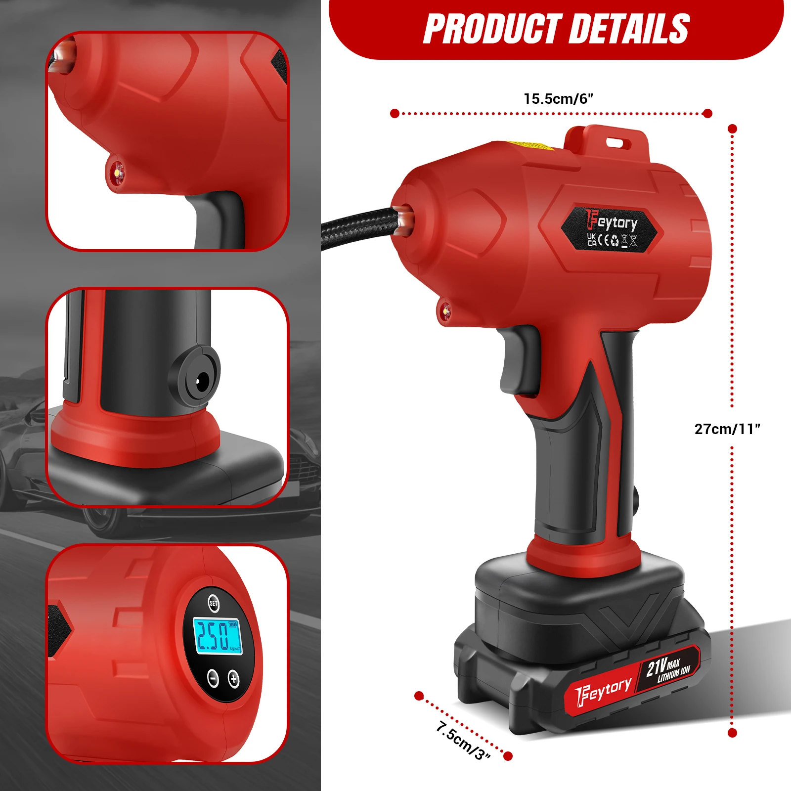 Gonfiatore per pneumatici senza fili, compressore d’aria portatile da 21 V con pressione preimpostata e spegnimento automatico, manometro digitale, luce LED, pompa per pneumatici portatile per auto,