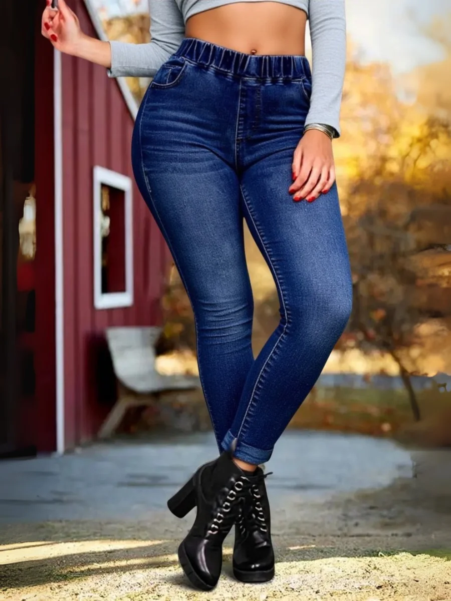 

【HME】Elegant Long Denim Jeans for Women - High Elasticity, Solid Color, Woven, Full-Length, Tight Fit with Button Detail