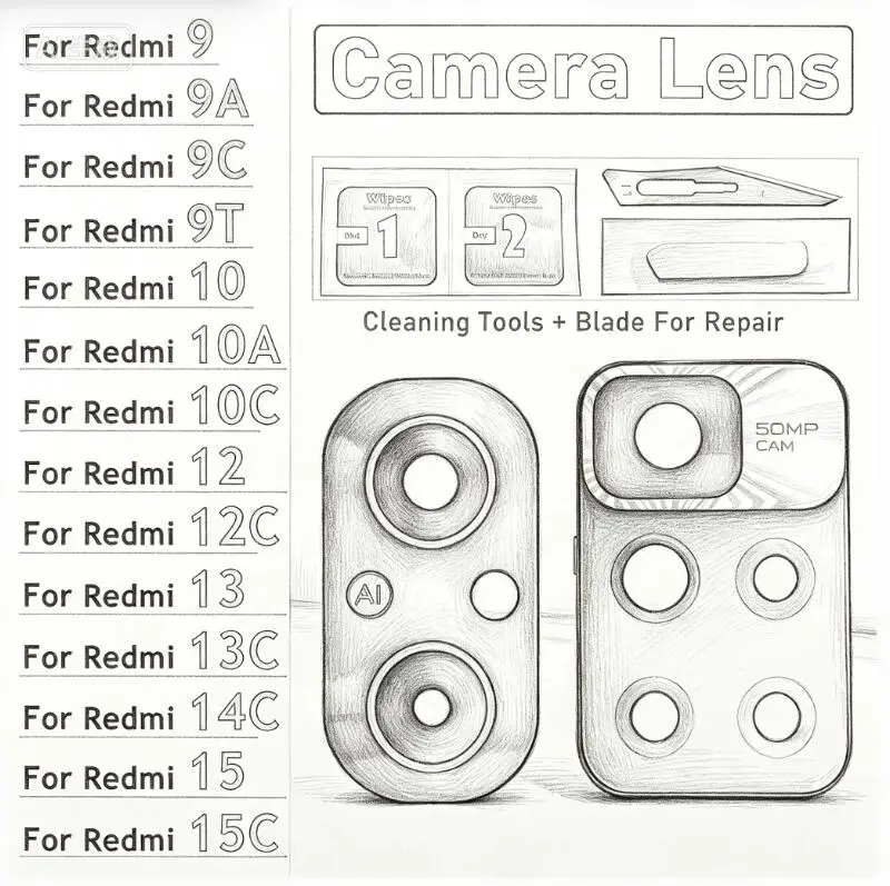New Rear Back Camera Glass Lens For Xiaomi Redmi 9 9A 9C 9T 10 10A 10C 12 12C 13 13C 14C 15 15C 4G 5G With Ahesive Sticker