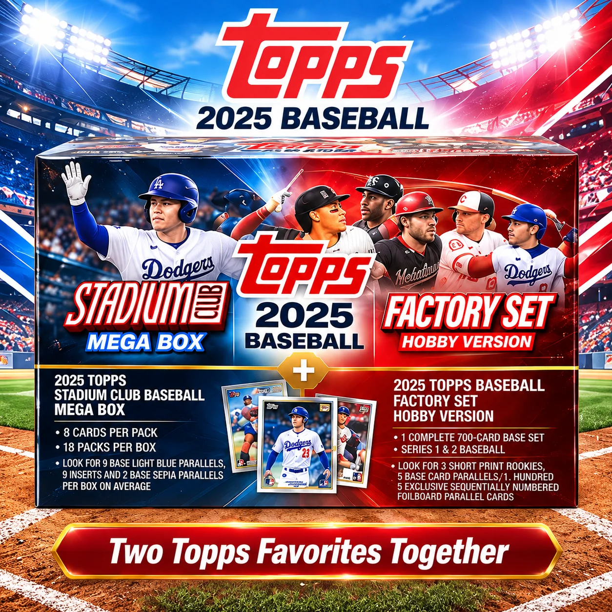 2025 Topps Stadium Club Baseball Mega Box With Hobby Factory Set, 852 Total Cards With 5 Numbered Foilboard Parallels, Look for 20 Mega Box Parallels And Inserts Plus 3 SP Rookies on Average