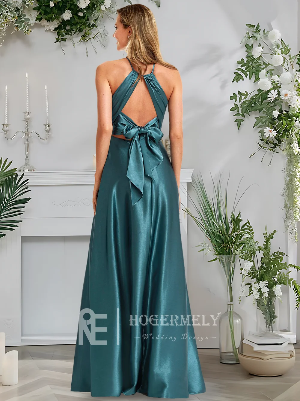 GDH Slate Blue A-Line Halter Floor-Length Stretch Satin Bridesmaid Dresses With Keyhole Back Wedding Guest Cocktail 2025​