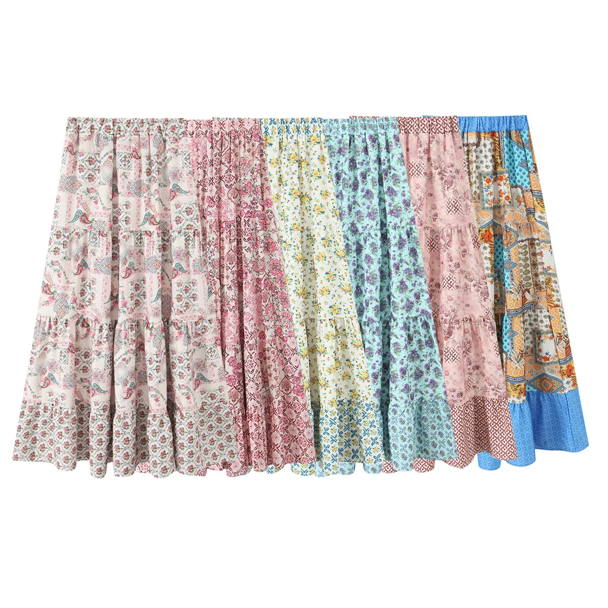 Boho Floral Printed Tiered Maxi Skirt Women Summer Vintage High Waist A Line Long Skirts Chic Ruffle Beach Vacation Jupe