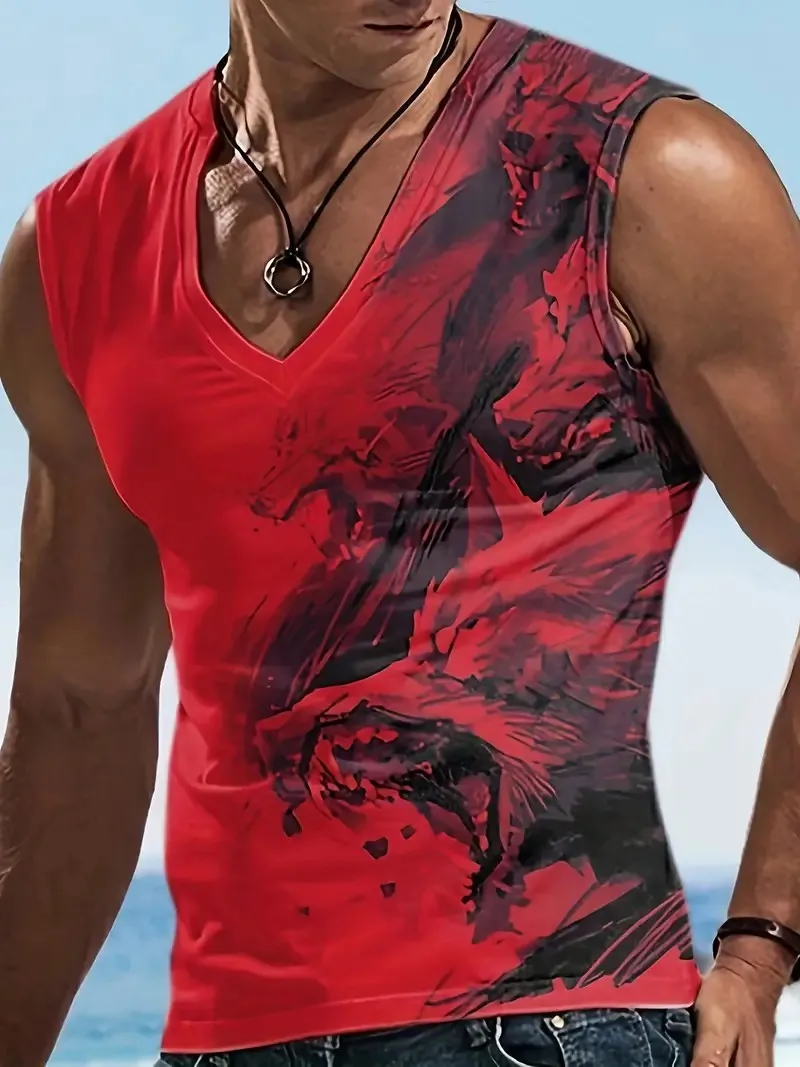 Men's V Neck Vest Men's Deep V Loose Sports Fitness Slim 3D Printed Sleeveless T Shirt Cropped Sleeve Shoulder Summer Plus