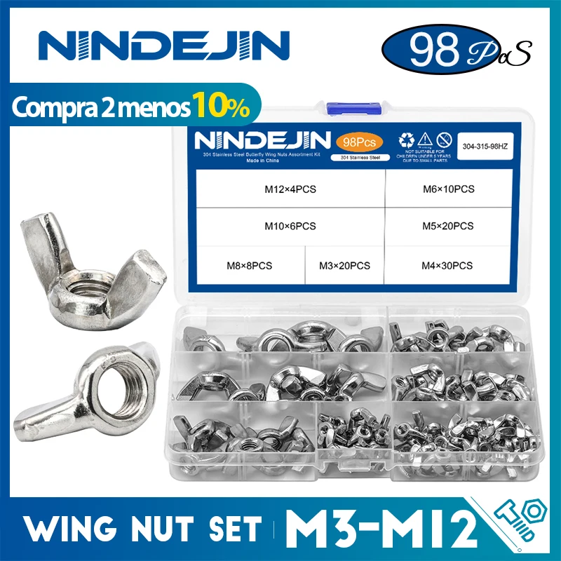 Nindjin kit de porcas de asa sortidas, 98 peças porcas de asa m3 m4 m5 m6 m8 m10 m12, porcas de borboleta de aço inoxidável para cilindro de bicicleta din315