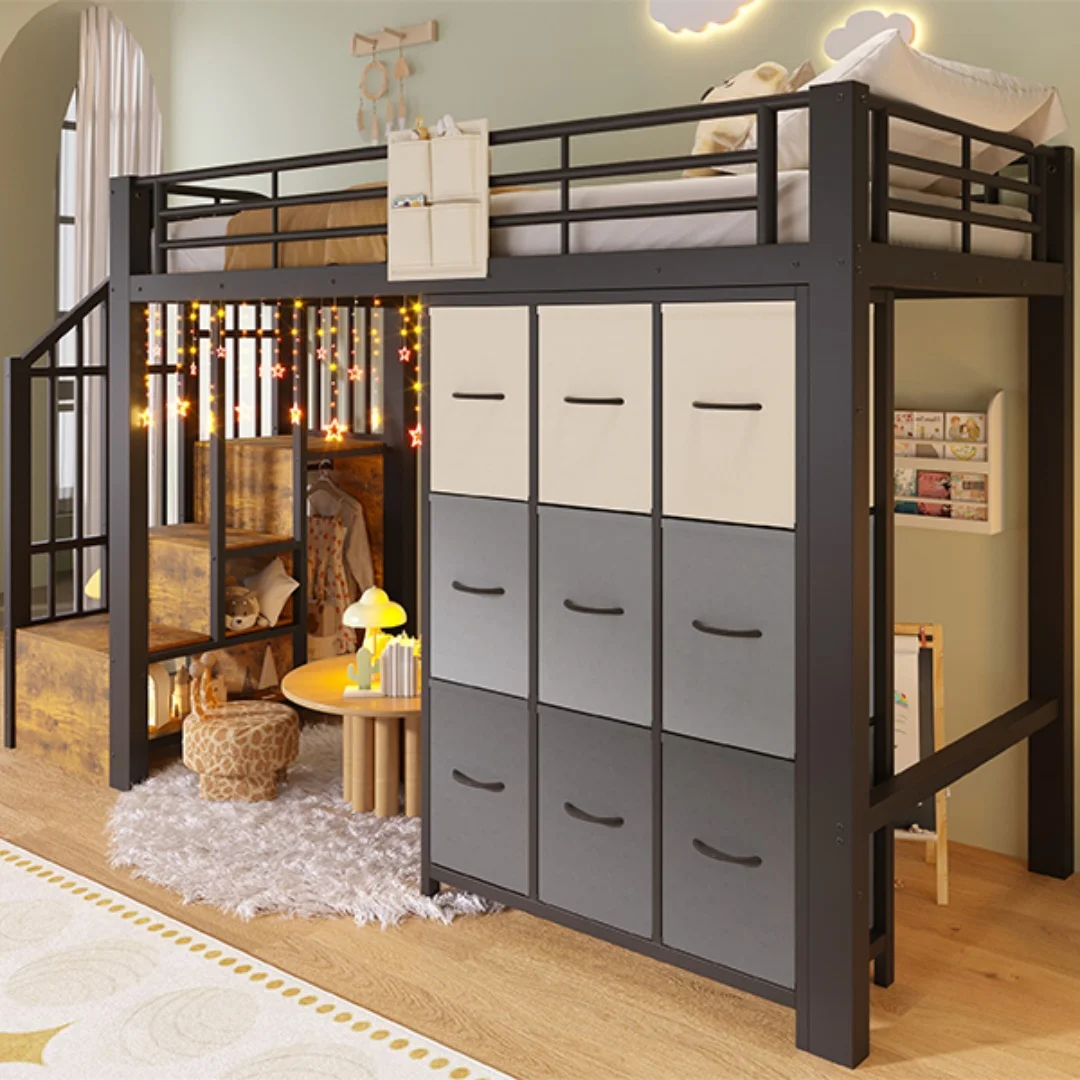 Cama alta, 90×200 cm, de metal, con cajones, barra para colgar ropa, barandilla, escalera con espacio de almacenamiento, sin colchón, negro
