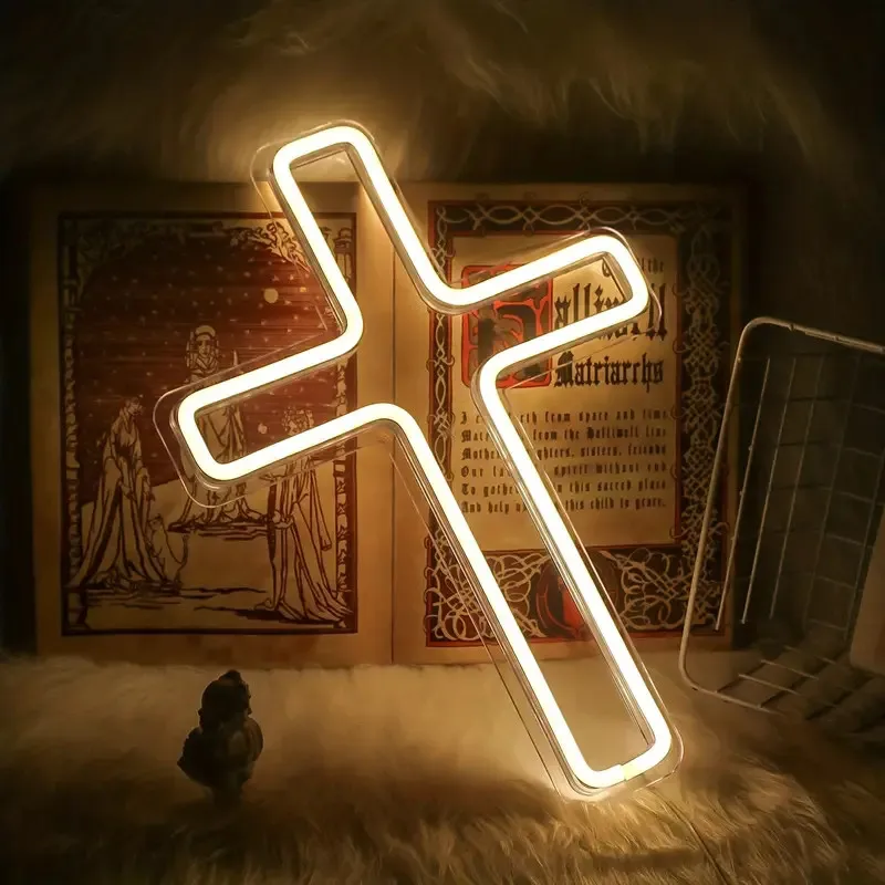 LED Neon Sign Cross Shaped USB Light With Switch, Jesus Cross Neon Sign, Wall Art Hanging Lamp, for Bedroom, Wedding, Parties