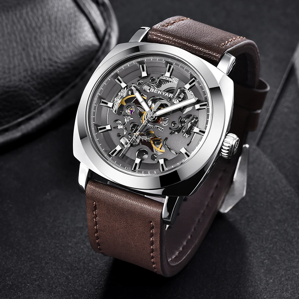 BENYAR Men's Automatic Mechanical Watch Skeleton Dial Luxury 44mm Leather Strap 30M Waterproof Sport Business Wristwatch Classic Fashion Watch for Men Daily Wear Gift