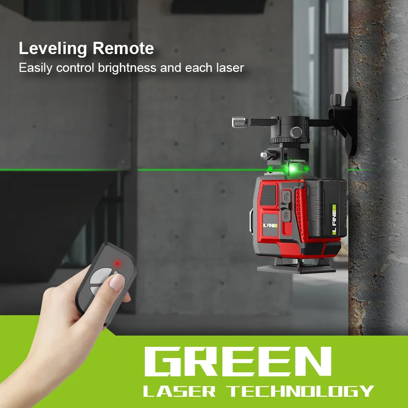 16Lines 4D Laser Level Green Line SelfLeveling 360 Horizontal And Vertical Remote Control Green Beam Laser Levels 2PCS Battery