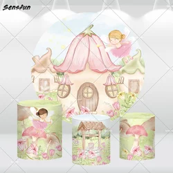 Charming Fairy Princess Girls Birthday Round Backdrop Covers Spring Garden Mushroom Kids Baby Shower Circle Background Banner