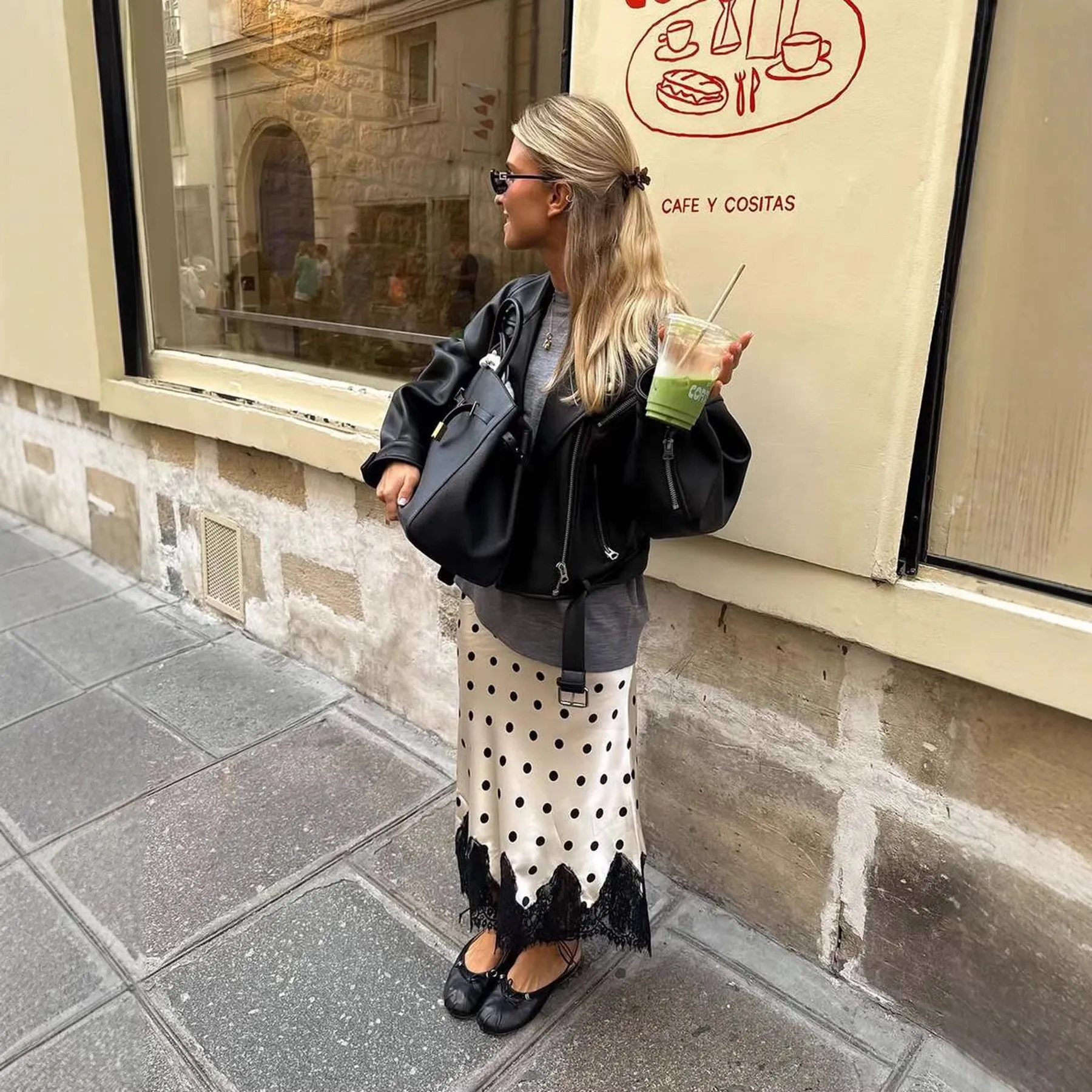 Women's Long Lace Polka Dot Satin Straight Cut Elegant Patchwork Skirt For Women With High Waist Flare Hem And Side Slit