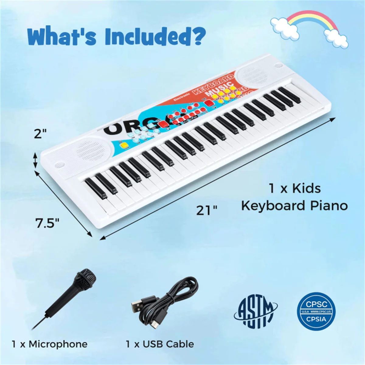 49 Keys Kids Electronic Keyboard with Microphone, 8 Tones & Rhythms Educational Music Toy for Age 3+ - White