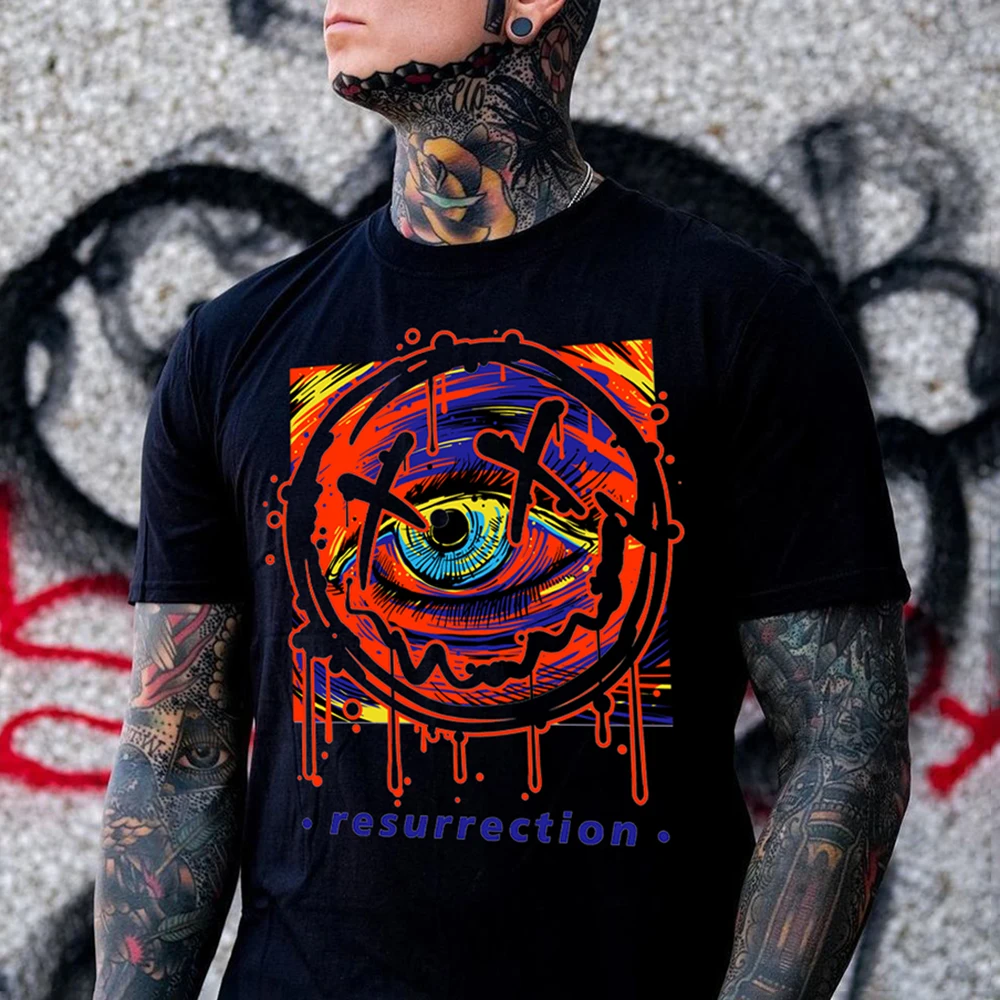 

Hip Hop Colorful Eye Illustration With Melting Happy Face Print Hip Hop Fashionshort Sleeve Mens Clothing Oversized T-shirt Y2k