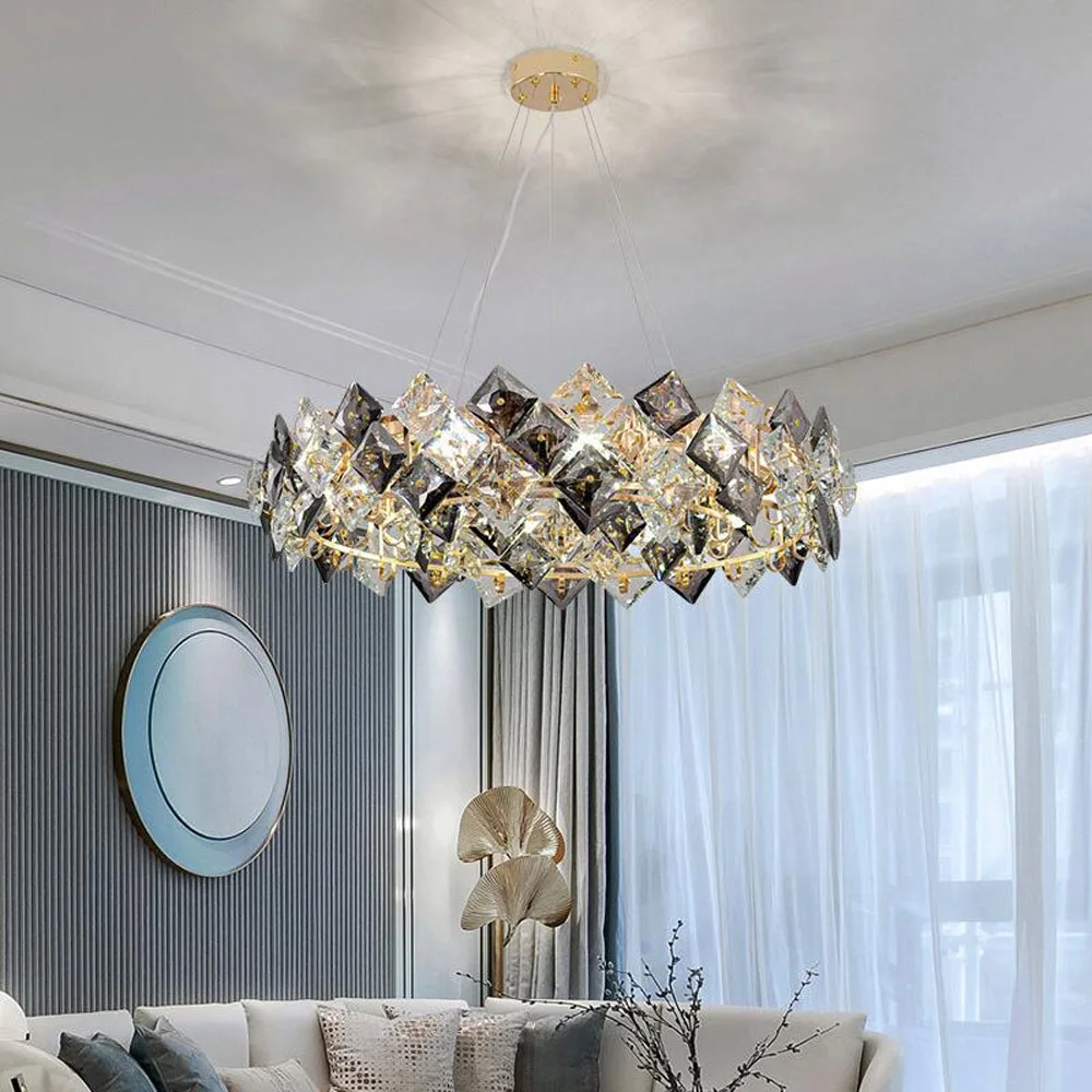 Light Luxury Crystal Chandelier Round Living Room Lamp Hall Lamp Fashion Restaurant Bedroom Lamp Villa Led Chandeliers Lighting