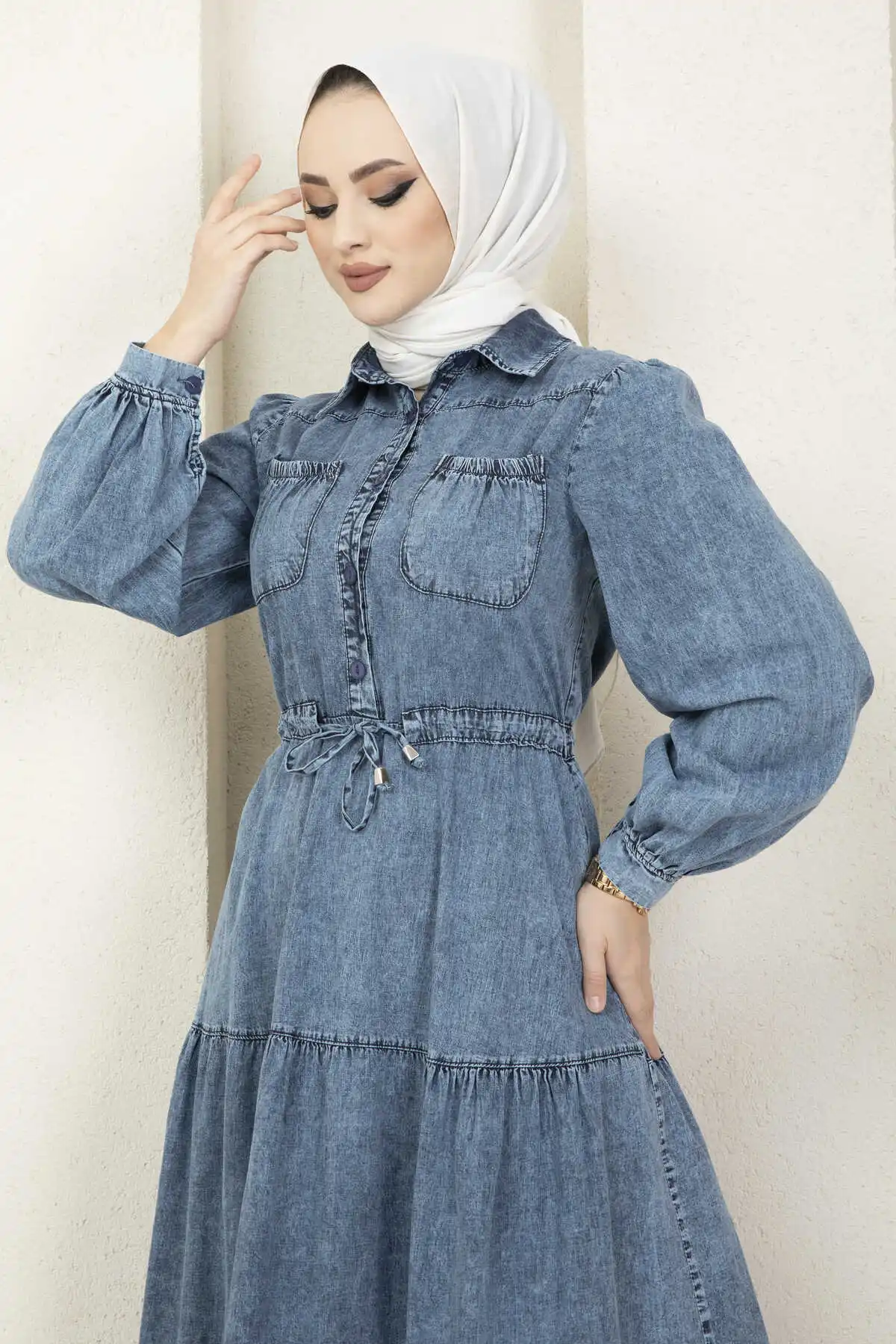 Women Pocket Detailed Denim Hijab Dress All Muslim Hijab Dubai Abaya Turkey Kaftan Islamic Clothing Casual Femme Vestido Caftan