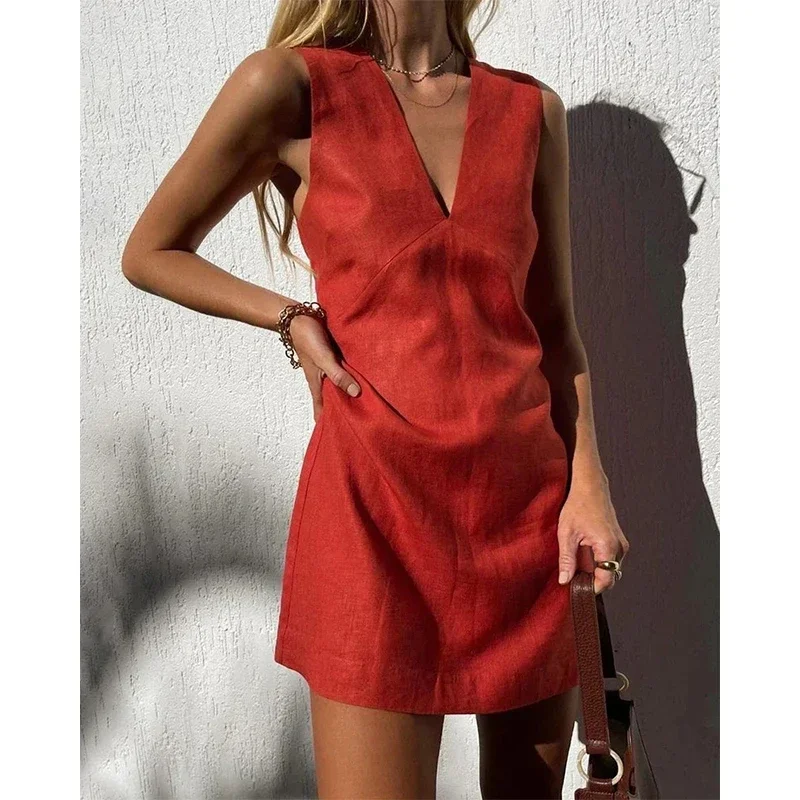Sukienka damska vintage z lnu, elegancka, letnia, seksowna, z dekoltem w serek, krótka mini, plażowa, streetwearowa, mini sukienki damskie, sukienka letnia, vestido. — zdjęcie 2