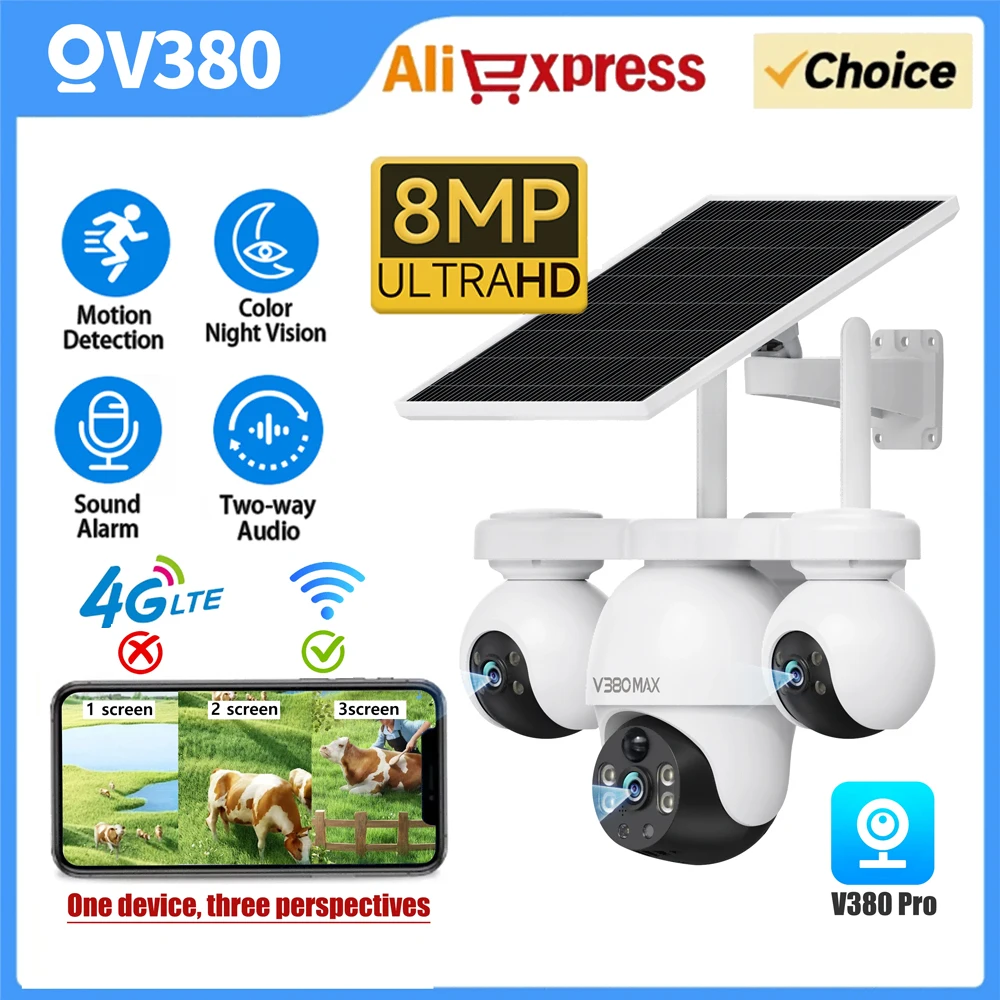 8MP WIFI Solar Security Camera Outdoor Three Lens Three Screens 10X Digital Zoom Waterproof Auto Tracking Security CCTV Cameras