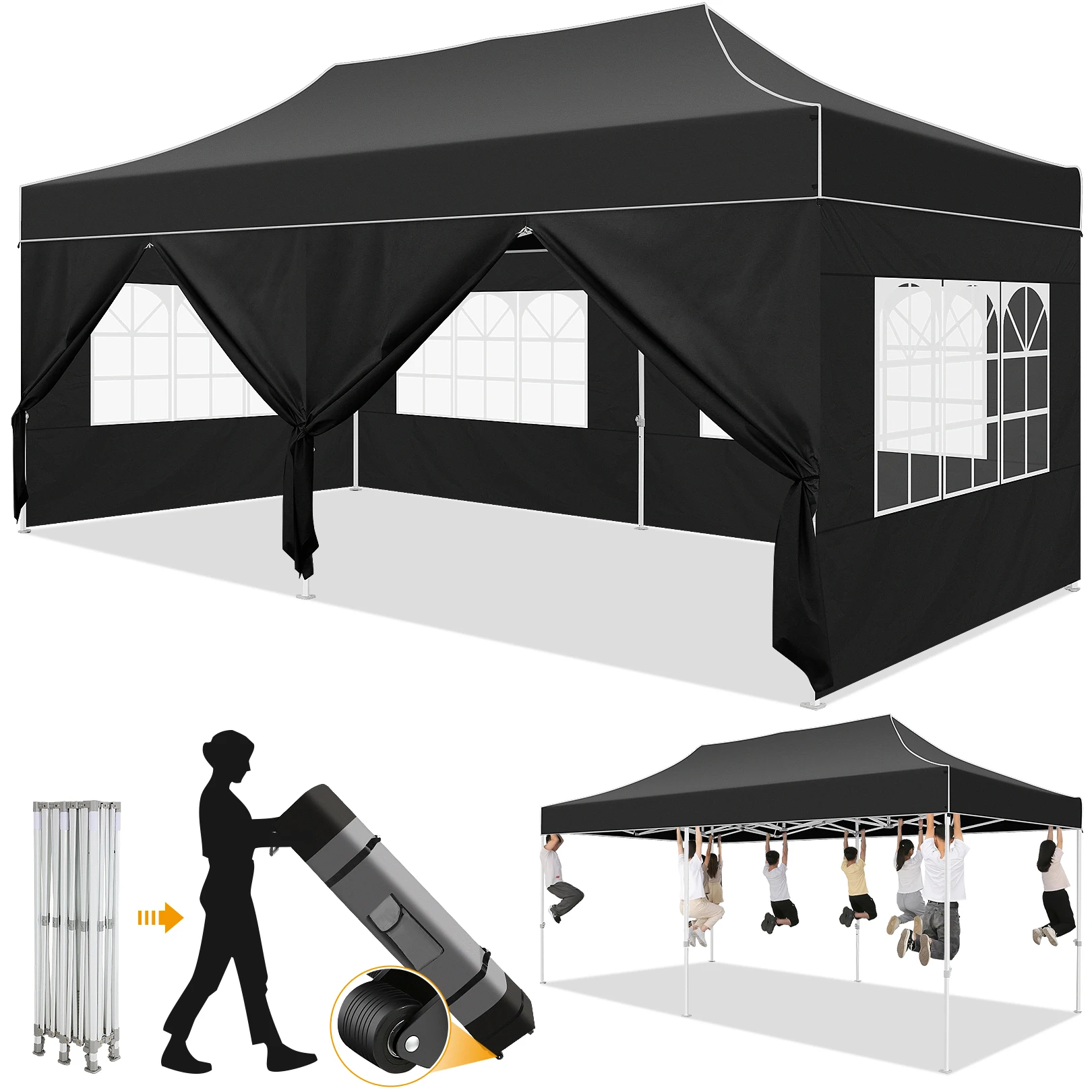 Image of 3x6m Pavillon mit 6 Seitenwänden, wasserdicht, winterfest, verstärkter Falt-Pavillon mit sechseckigem Rohrrahmen, UV-Schutz, Partyzelt, Gartenpavillon für Märkte, Tragetasche mit Rollen, 4 Sandsäcke