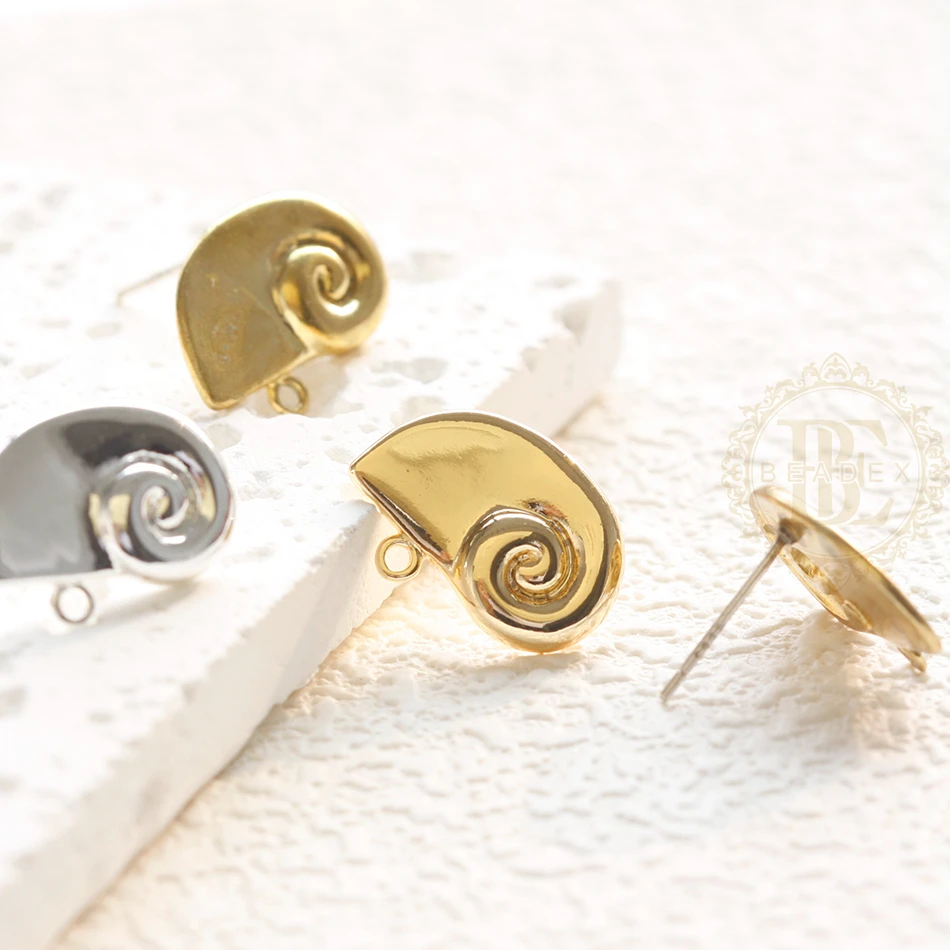 2 Pieces (One Pair) Solid Brass Earring Post with Sterling Silver Pin - Snail 12.5x17mm (4901C-A)