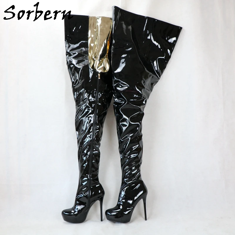 

Sorbern Customized Wide Thigh Boots Women Crotch 85Cm Shaft Length 125Cm Super High Heel Stilettos Round Toe Gold Linning