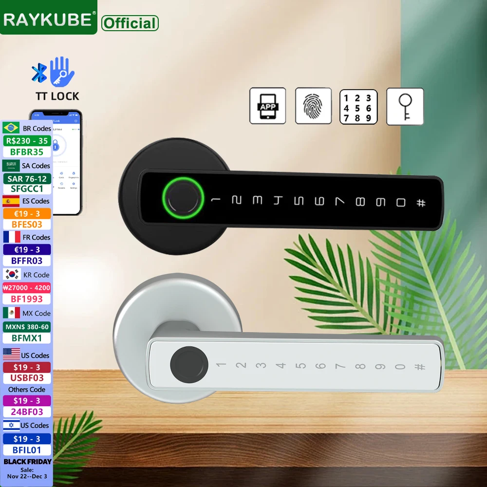 RAYKUBE M5 TT Lock BLE Smart Fingerprint Door Lock Electronic Lock with Password/Key/TT Lock APP Unlock Passage Mode For Bedroom