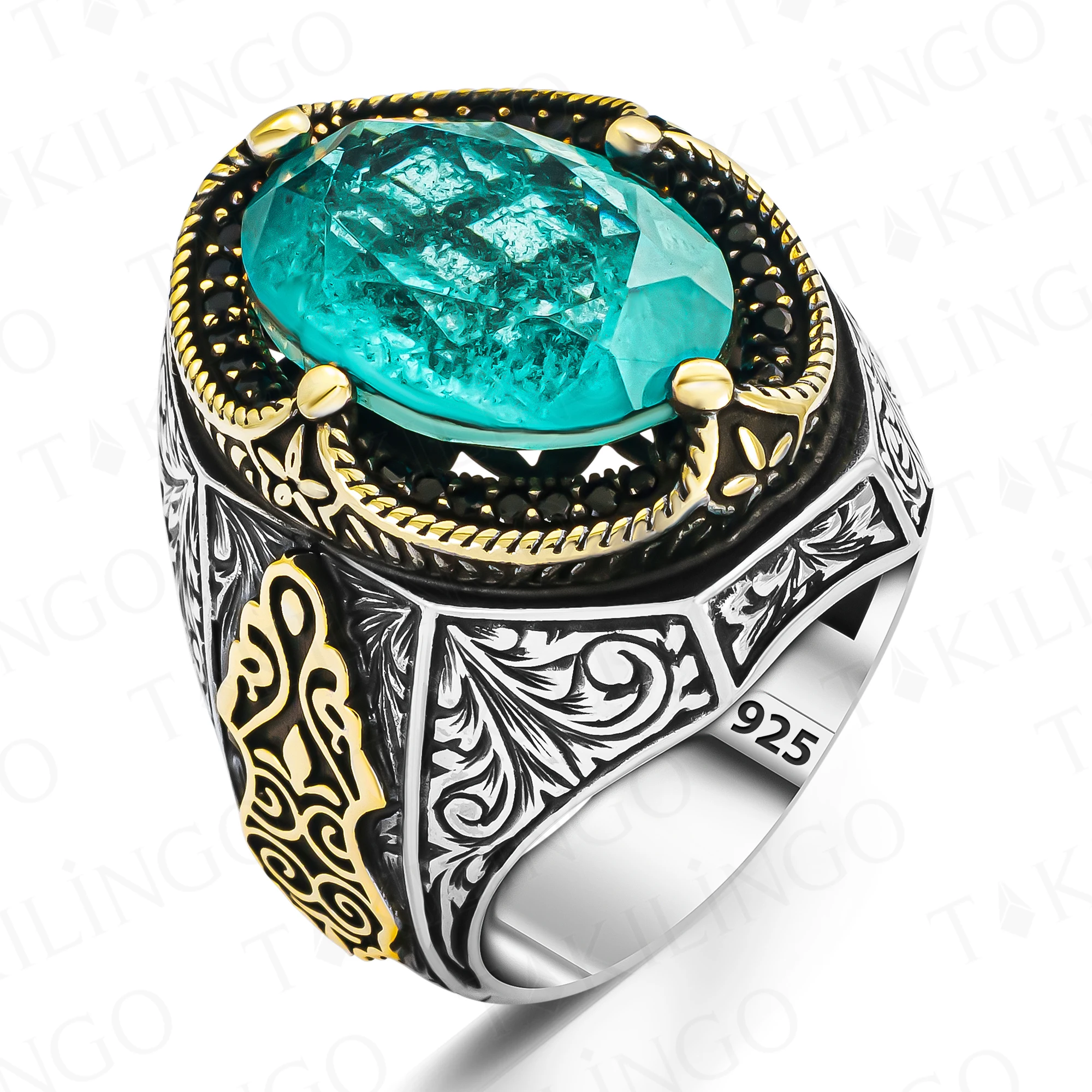 Elegant Solid 925 Sterling Silver Oval Ottoman Design Paraiba With Zircon Men\'s Ring Turkish Hanmade Silver Jewelry Gift For Men